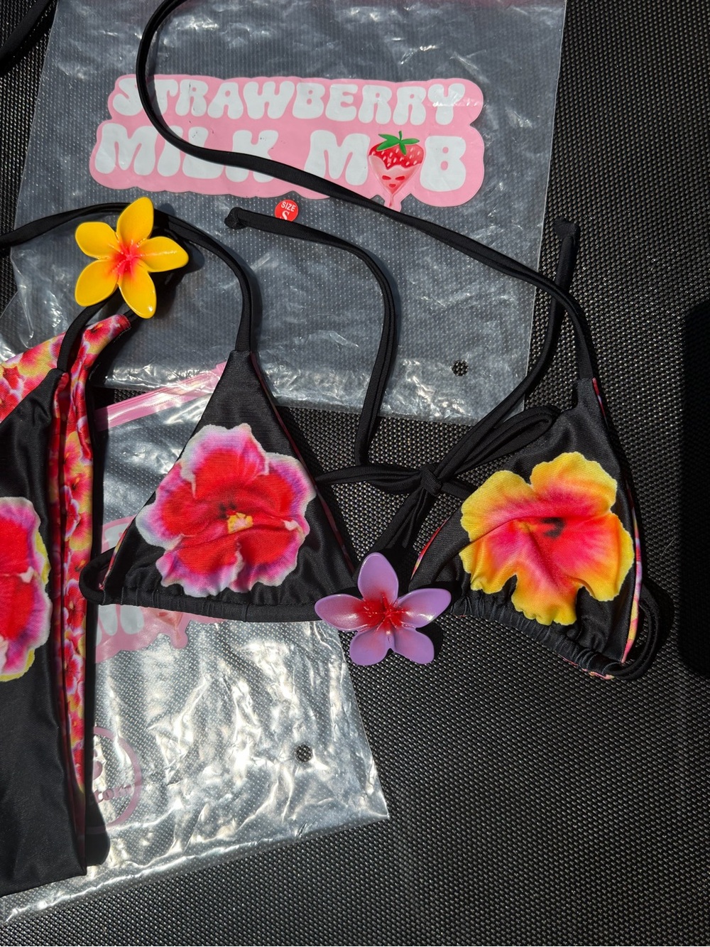 Strawberry Milk Mob Black Bikini with Pink and Yellow Floral Print - Picture 12 of 14
